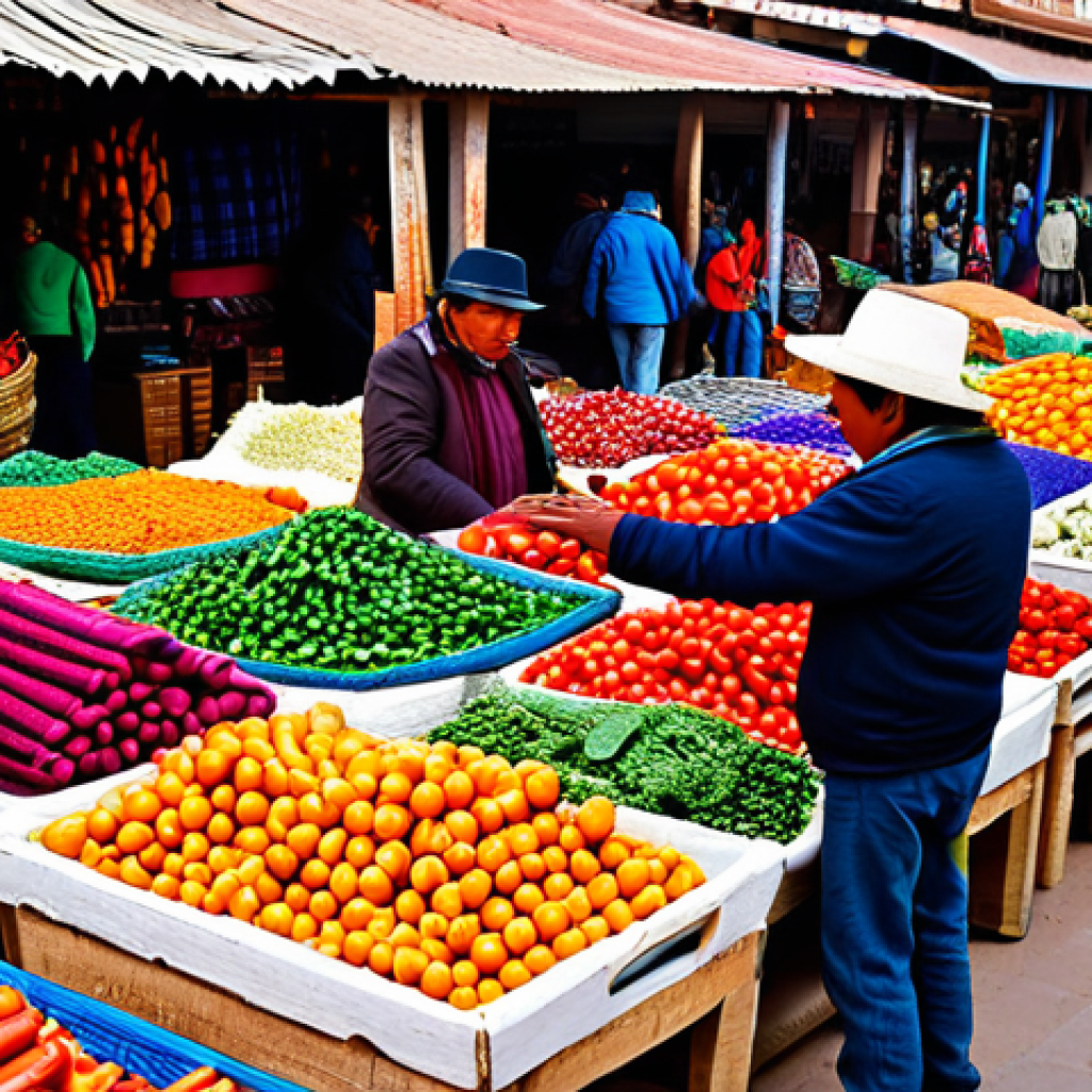 **

"A bustling Bolivian marketplace scene, vendors selling colorful woven textiles and fresh produce, people haggling using animated hand gestures, vibrant colors, traditional clothing, busy atmosphere, safe for work, appropriate content, fully clothed, professional photography, perfect anatomy, natural proportions, family-friendly."

**
