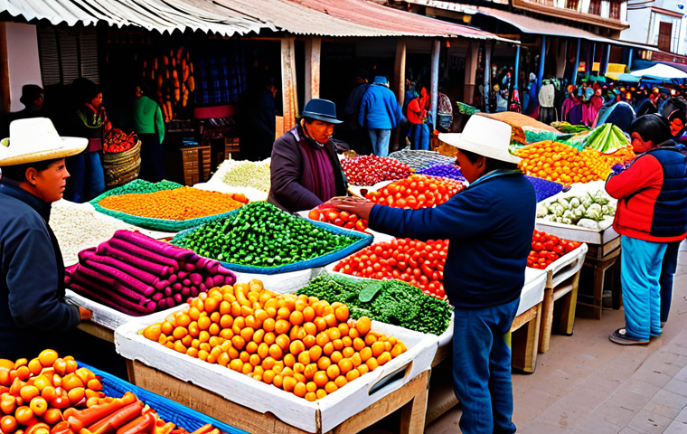 **

"A bustling Bolivian marketplace scene, vendors selling colorful woven textiles and fresh produce, people haggling using animated hand gestures, vibrant colors, traditional clothing, busy atmosphere, safe for work, appropriate content, fully clothed, professional photography, perfect anatomy, natural proportions, family-friendly."

**