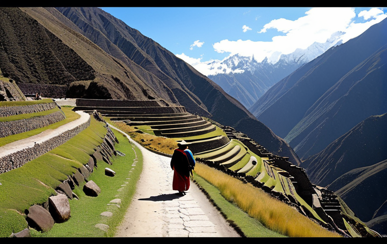 Ancient Inca Road**

"A panoramic view of a section of the ancient Inca road system winding through the Andes mountains, fully clothed travelers in traditional Andean clothing walking along it, vast landscape, perfect anatomy, correct proportions, natural pose, realistic, detailed textures, safe for work, appropriate content, professional, modest, family-friendly, high resolution."

**