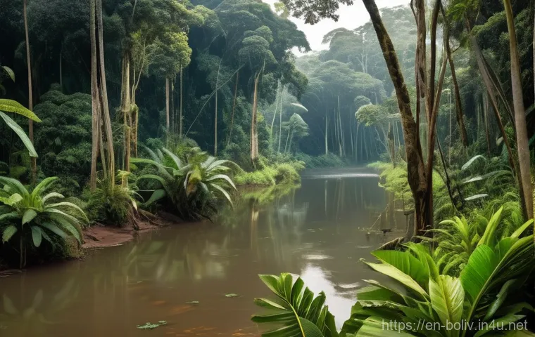 볼리비아에서 생태 관광 하기 - A serene, panoramic view of Bolivia's Madidi National Park, showcasing a dense, lush Amazon rainfore...