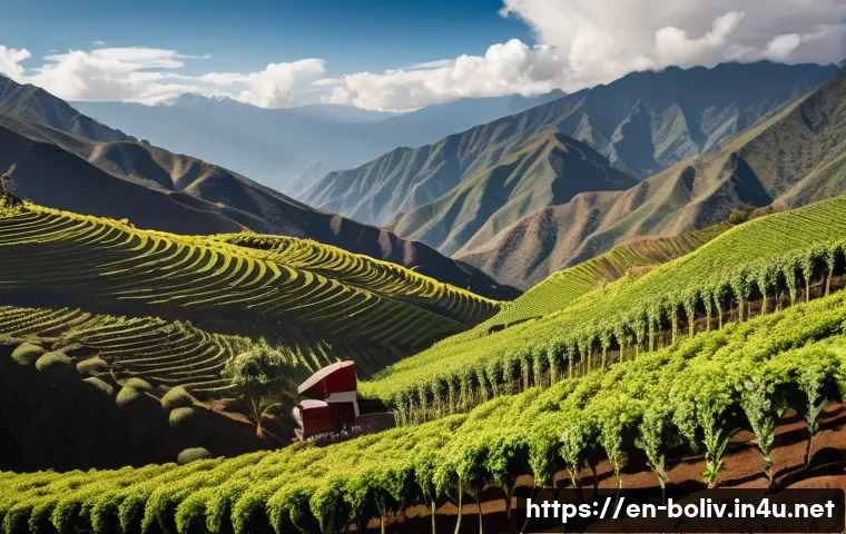 볼리비아 커피 산업과 카페 문화 - **Prompt:** A breathtaking panoramic view of a small, family-owned Bolivian coffee farm clinging to ...