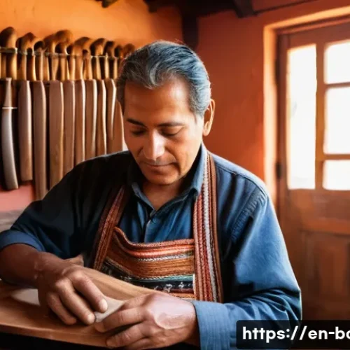 Home 11 볼리비아 민속 음악 차랑고 - A master luthier in a traditional Andean workshop carefully carving the neck of a wooden charango ma...