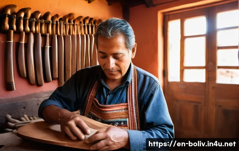 볼리비아 민속 음악 차랑고 - A master luthier in a traditional Andean workshop carefully carving the neck of a wooden charango ma...