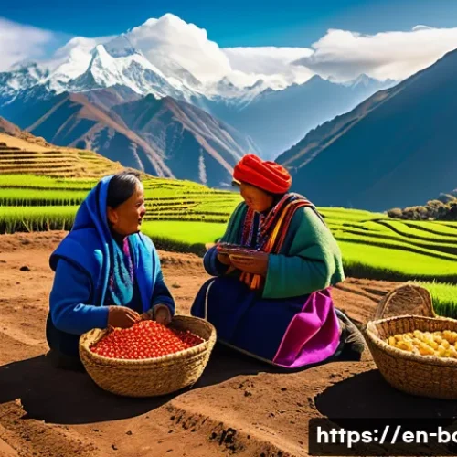 볼리비아 원주민의 생활 방식 - A vibrant high-altitude Andean farming scene at sunrise, indigenous Bolivian family dressed in tradi...
