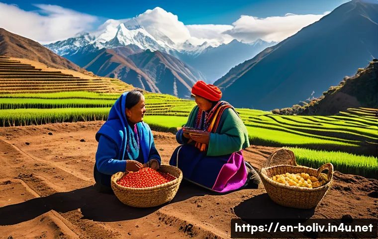 볼리비아 원주민의 생활 방식 - A vibrant high-altitude Andean farming scene at sunrise, indigenous Bolivian family dressed in tradi...