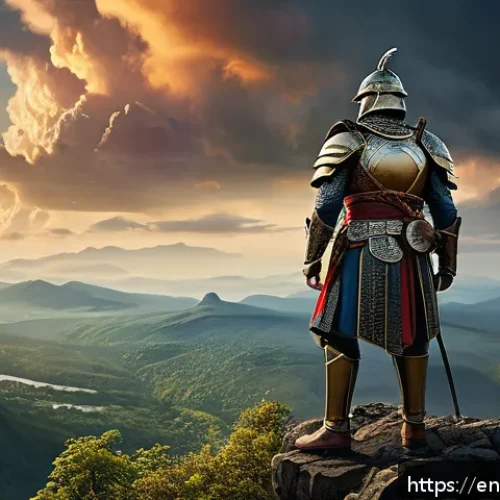 티푸스야나 미라클 전설 - A heroic figure clad in historically inspired armor with intricate cultural motifs, standing resolut...