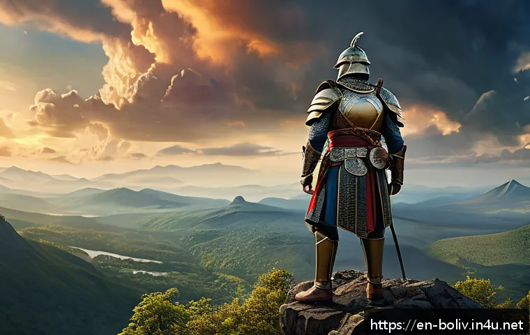 티푸스야나 미라클 전설 - A heroic figure clad in historically inspired armor with intricate cultural motifs, standing resolut...