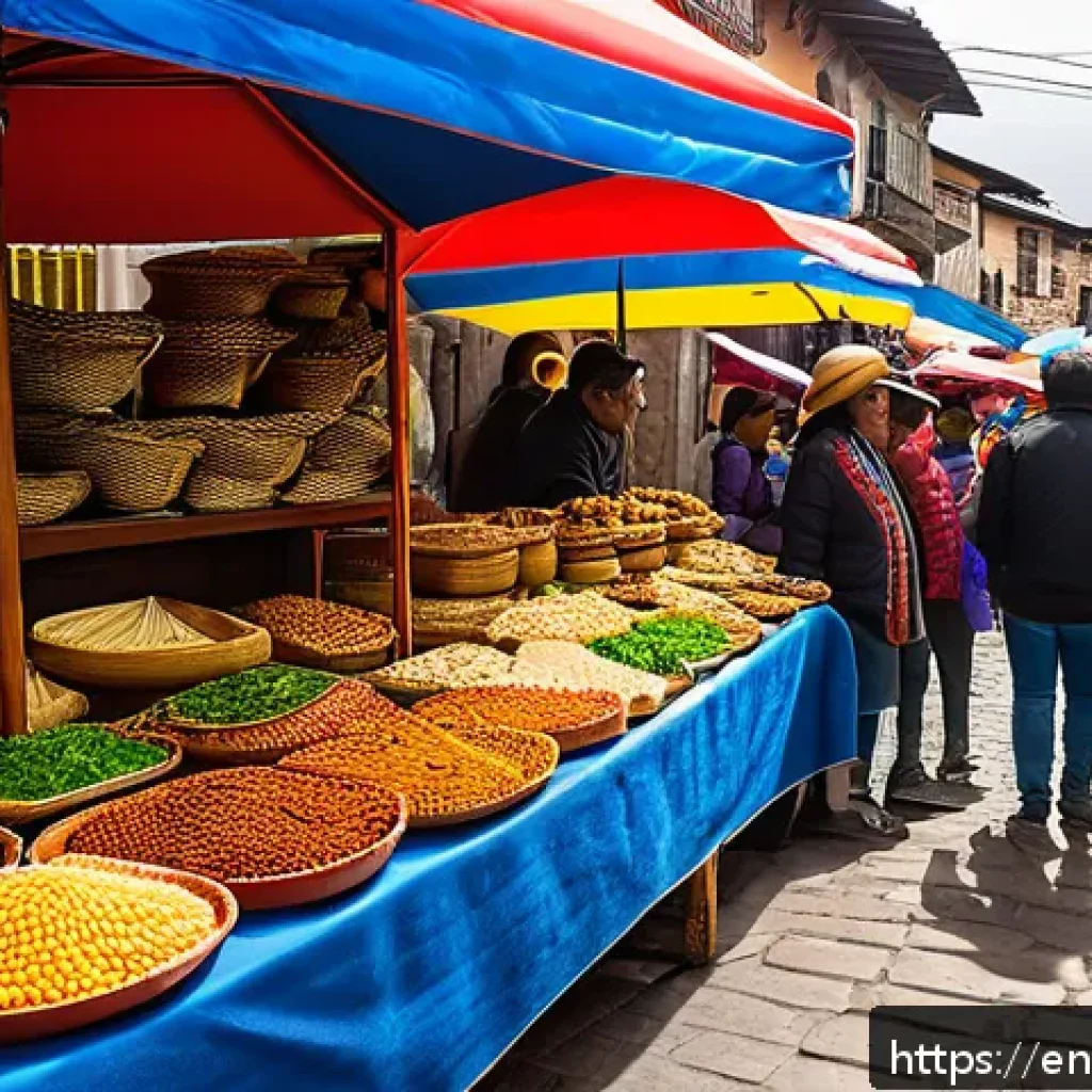 쿠엔카 페루아노와 볼리비아 요리 비교 - A vibrant street food market scene in Cuenca, Ecuador, bustling with diverse vendors selling traditi...
