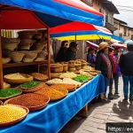 쿠엔카 페루아노와 볼리비아 요리 비교 - A vibrant street food market scene in Cuenca, Ecuador, bustling with diverse vendors selling traditi...