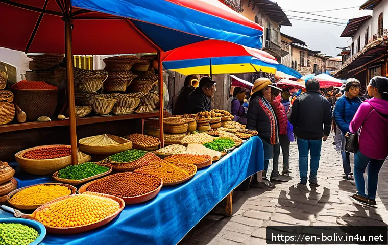 쿠엔카 페루아노와 볼리비아 요리 비교 - A vibrant street food market scene in Cuenca, Ecuador, bustling with diverse vendors selling traditi...