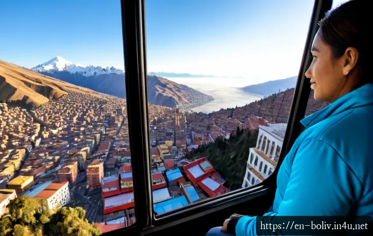 라파스 여행 추천 코스 - Photorealistic travel scene in La Paz, Bolivia, panoramic view from a high cable car cabin over the ...