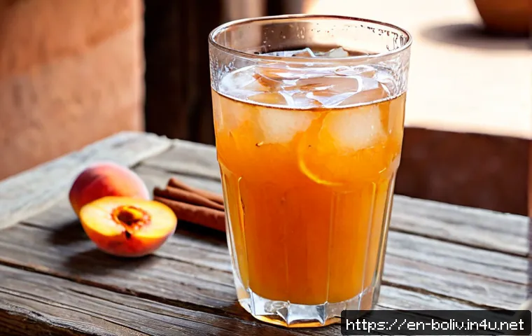 볼리비아에서 마셔볼 전통 음료 - Photorealistic close-up of a chilled glass of mocochinchi, traditional Bolivian dried peach drink, a...